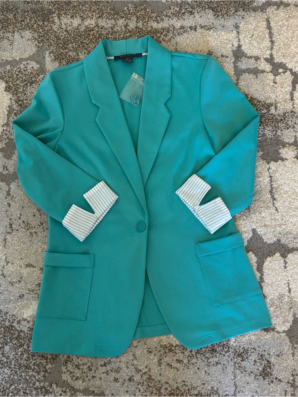 New Suzy Shier Teal Single-Button Blazer with Striped Cuff Detail
